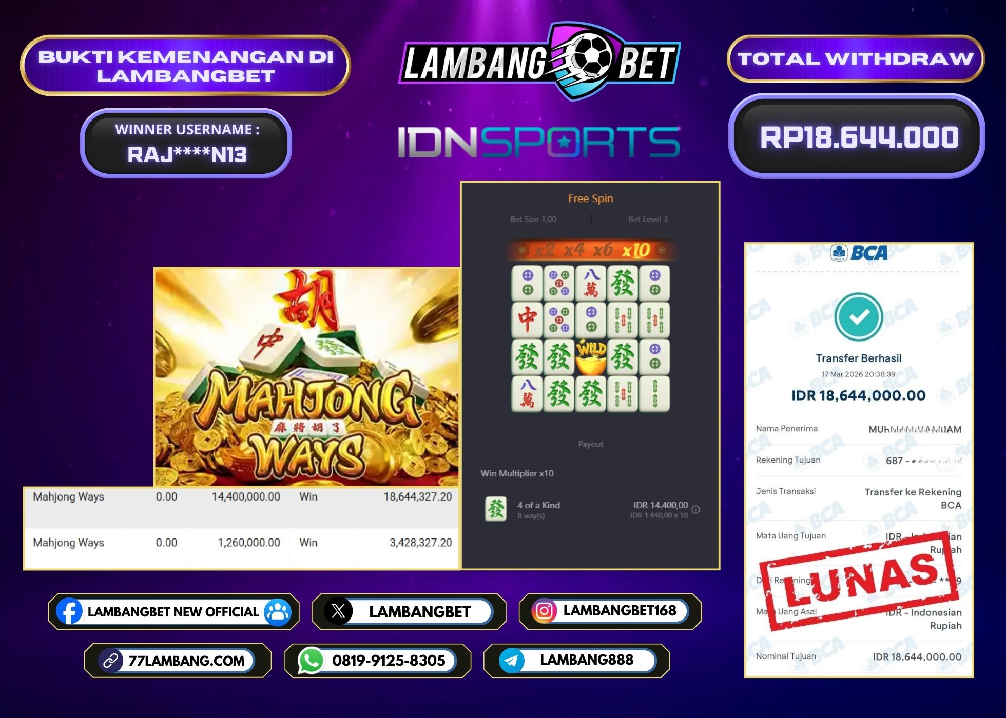 LAMBANGBET [17 MARET 2025] JACKPOT SLOT Mahjong Ways "Rp18.644.000" LUNAS